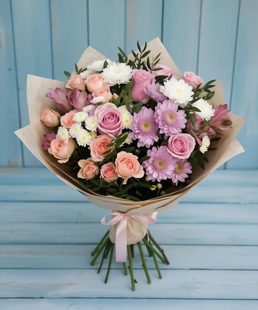 Букет цветов из: Хризантемы, Розы и Альстромерии в Ерёминской