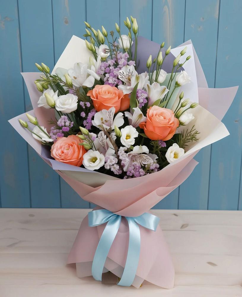 Букет цветов из: Лизиантусы, Розы, Альстромерии и Гипсофила в Ерёминской